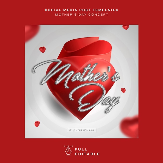 Happy mother's day sale red hearth silver font effects instagram editable post psd