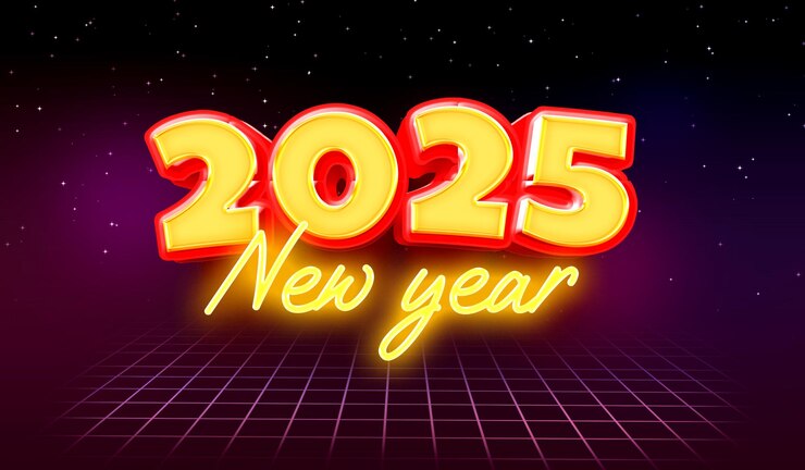 PSD happy new year 2025 with sparkling golden numbers on a deep black brown background