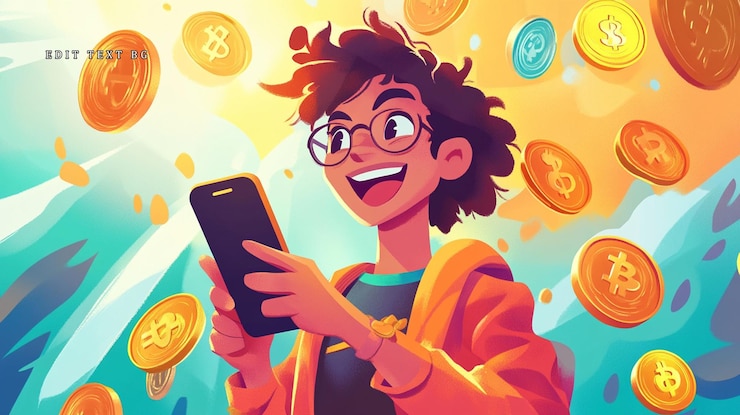 PSD happy person using phone cryptocurrency coins falling
