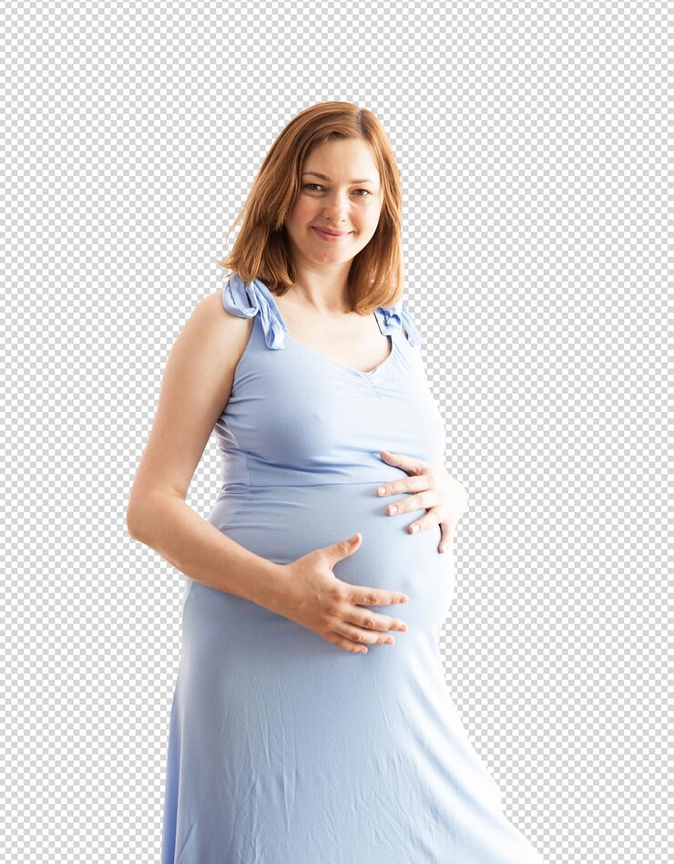 PSD happy pregnant woman in a blue dress