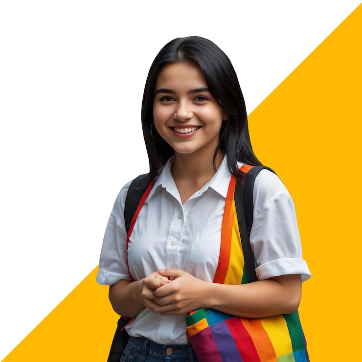 PSD happy smiling face lady student with backpack