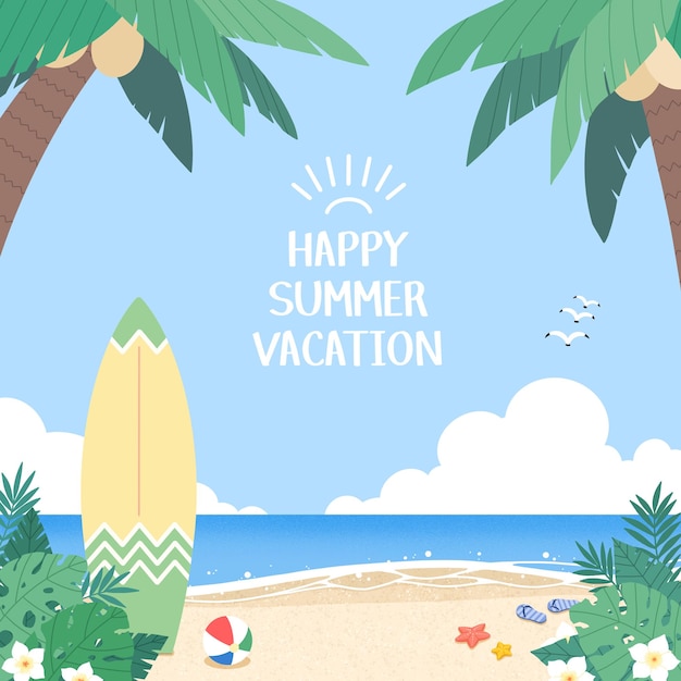 Happy Summer Vacation Beach Scene with Palm Trees and Surfboard