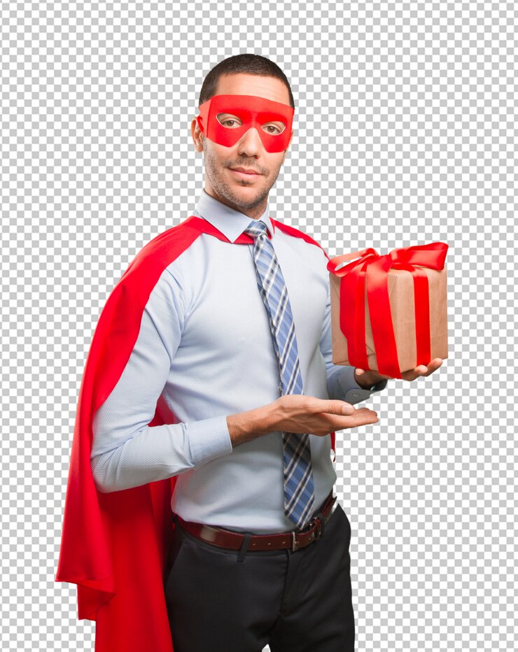 PSD happy super businessman with a gift
