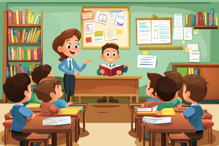 PSD happy teacher and student presenting a book to a classroom of attentive children