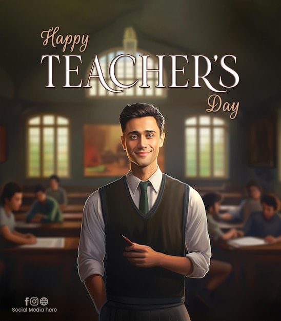 Happy Teacher's Day Poster Entwerfen Sie einen männlichen Lehrer mit lächelndem Gesicht