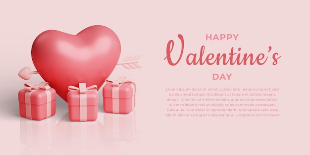 Happy Valentine's Day Banner avec Big Heart Arrow et coffret cadeau rendu 3d