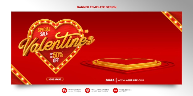 Happy valentine's day banner in 3d-render mit podium und rotem hintergrund