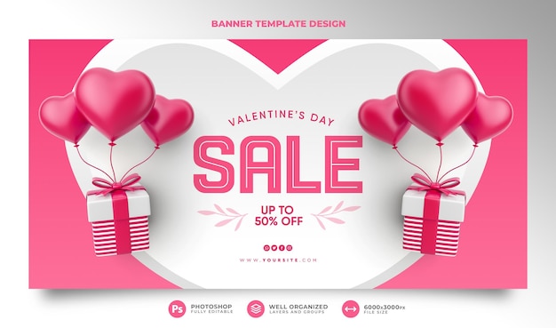 PSD happy valentine's sale bietet banner in 3d-rendering mit geschenkbox und luftballons