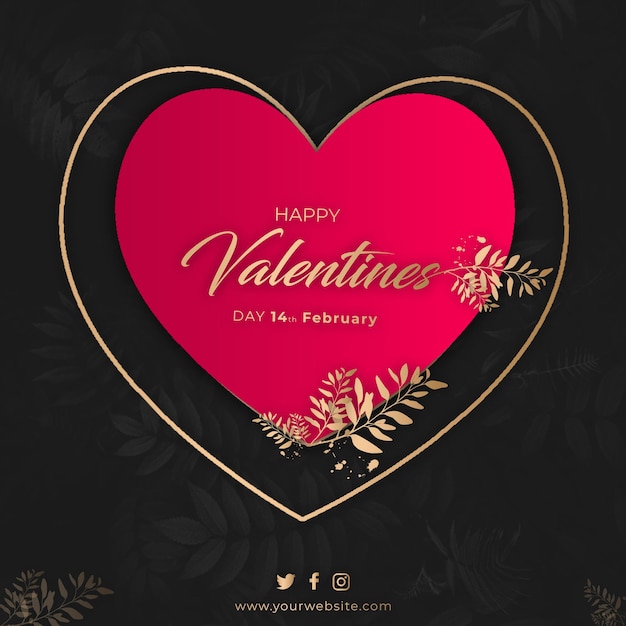 Happy Valentines Day Premium post avec des feuilles dorées et un fond sombre