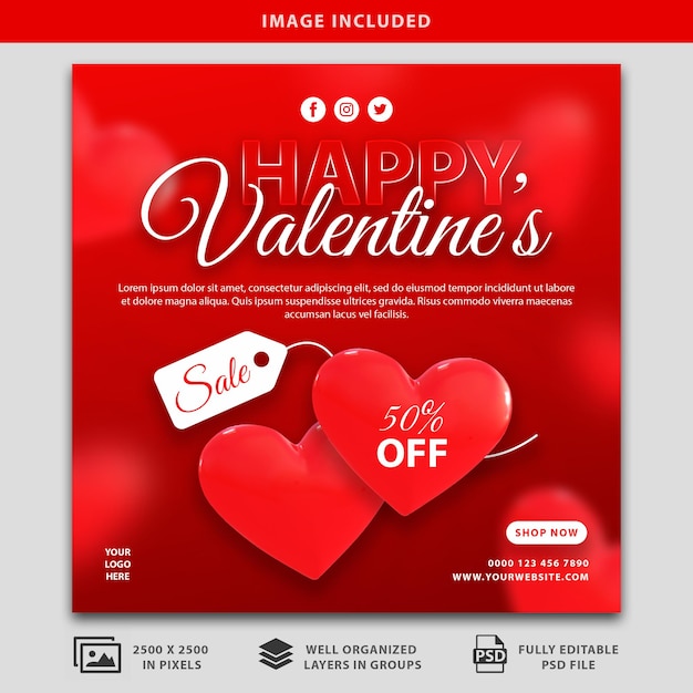 Happy valentines day social media poster psd mockup