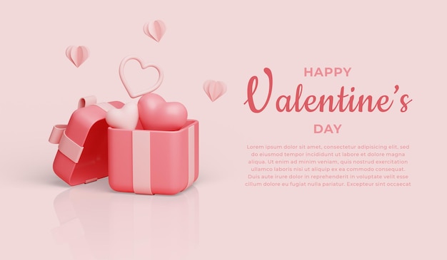 Happy Valentinstag Banner mit Geschenkbox mit Herz im Inneren 3D-Rendering