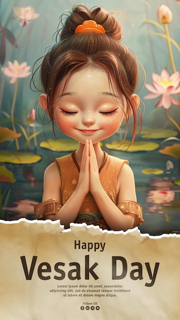 PSD happy vesak day media social post template with girl cute full face rich smile hair bun lotus