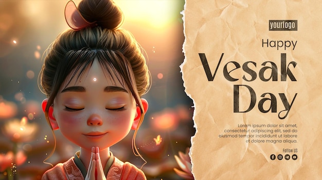 PSD happy vesak day poster template with background handdrawn girl cute full face googlyegg shape