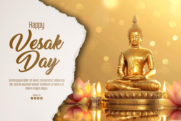 PSD happy vesak day poster with a buddha statue and magical light as a background