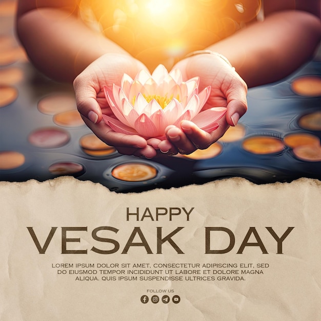 PSD happy vesak day social media post template with hand holding lotus or water lily