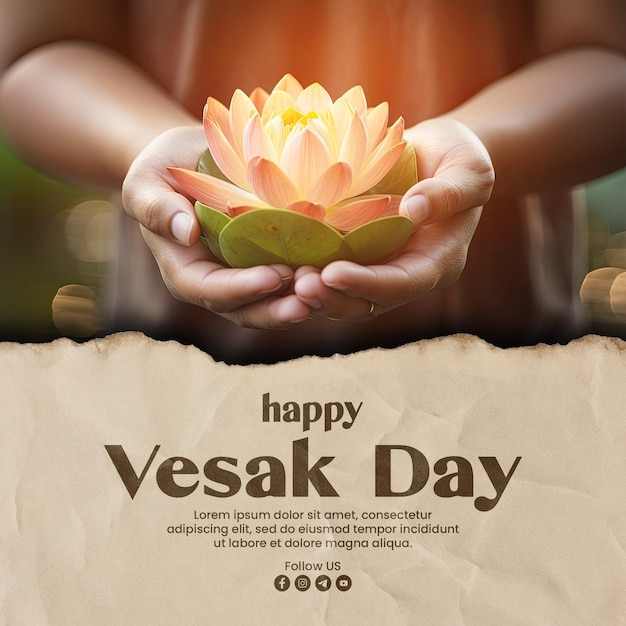 PSD happy vesak day social media post template with hand holding lotus or water lily