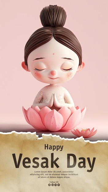 PSD happy vesak day social media post-vorlage mit mädchen süß voll gesicht reich lächeln haar bun lotus