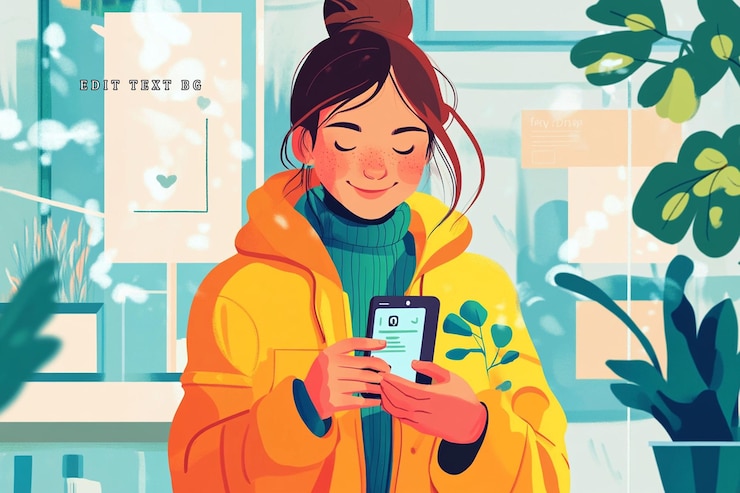 PSD happy woman in yellow jacket using phone plants nearby