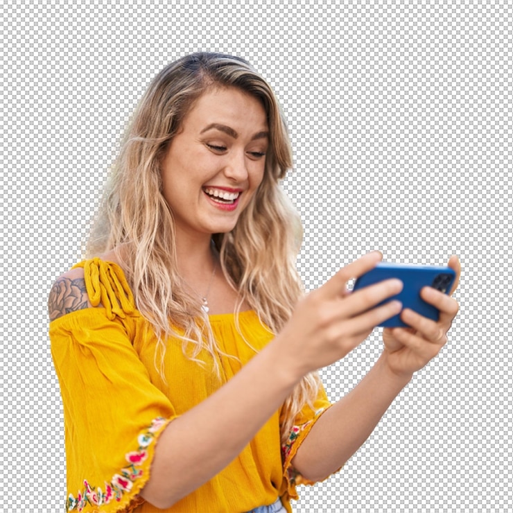 PSD happy woman using her mobile phone