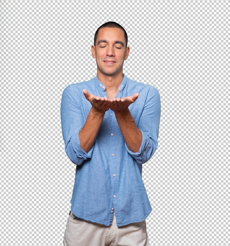 PSD happy young man holding something with his hand