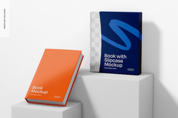 Hardcover-Buch mit Slipcase auf Podium Mockup Rechte Ansicht