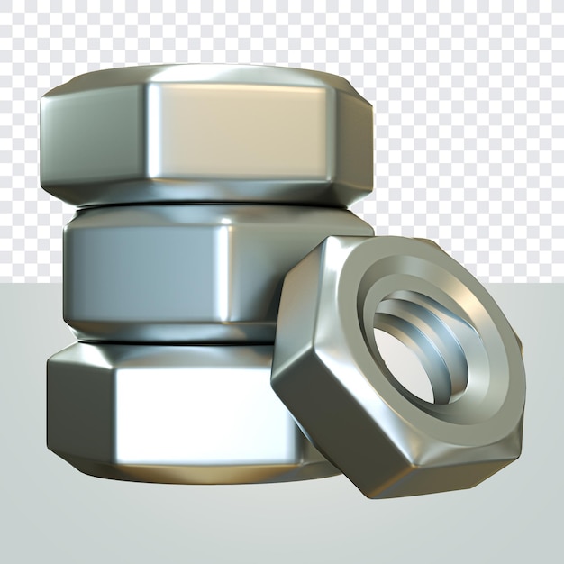 Hardware de construcción tuercas de tornillo apiladas vista frontal PNG render 3d para la composición