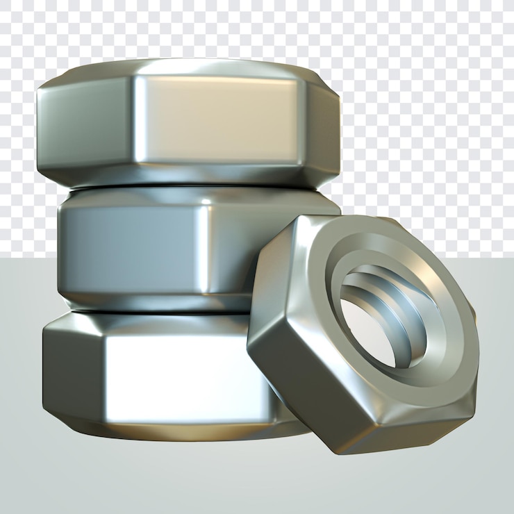PSD hardware de construcción tuercas de tornillo apiladas vista frontal png render 3d para la composición