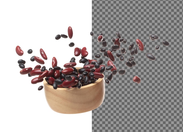 Les haricots rouges noirs mélangés tombent explosion plusieurs types de haricots flottant explosent dans un bol en bois les haricots mixtes noirs rouges séchés éclaboussent dans l'air le fond blanc le mouvement de congélation de l'obturateur à haute vitesse isolé