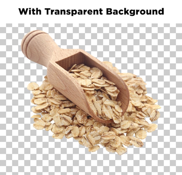 Harina de avena en una cuchara o cuchara de madera aislada sobre un fondo transparente