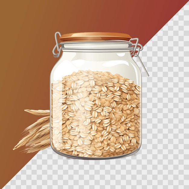 Harina de avena en un frasco de vidrio aislado sobre un fondo transparente