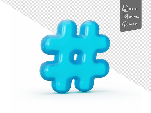 PSD hashtag de gelatina azul sobre fondo blanco números de alfabetos coloridos de gelatina para niños ilustración 3d