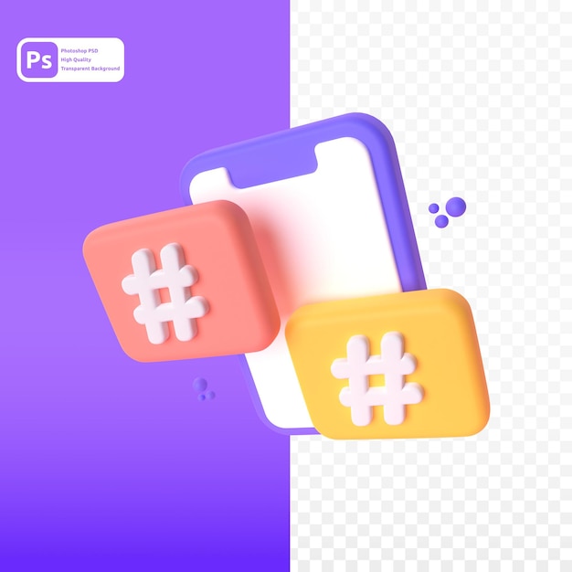 Hashtag en render 3d para presentación web de activos gráficos u otros