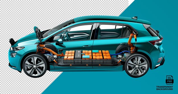 Hatchback électrique avec portes ouvertes et système de batterie exposé