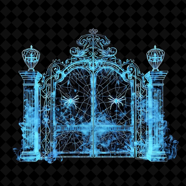 PSD haunted mansion gate con apparizioni spettrali e ragnatela png y2k shape neon color collection
