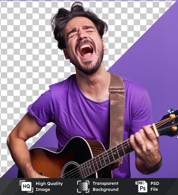 PSD haute qualité psd transparent chanteur plein corps excité jeune homme heureux il porte une chemise violette sauter haut pov jouer de la guitare faire des gestes à la main portrait de studio lifestrobist