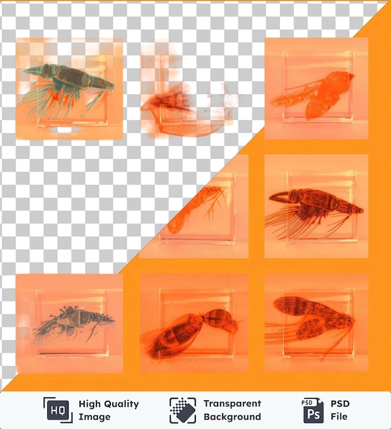 Haute Qualité Transparent Psd Photographique Réaliste Zooplancton Chercheur _ S Microscope Glisse Un Poisson Un Poisson Orange Et Un Crabe