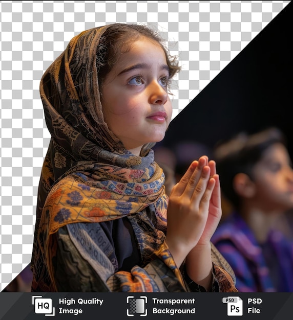 Haute Qualité Transparente Psd Jeune Fille Sur Applaudissant Après La Présentation Dans Une Salle De Conférence Portant Une Chemise Bleue Et Un Foulard Coloré Avec Un Petit Nez Brun Et Yeux Bleus Et