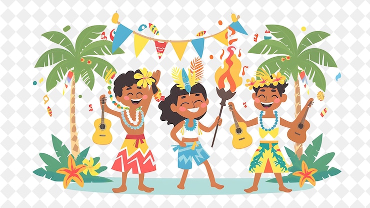 PSD hawaiian luau with characters having a hula dance design is people life style flat illustration