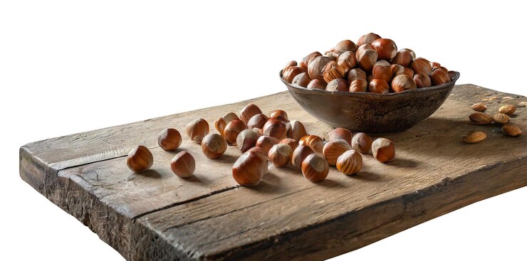 PSD hazelnuts on a wooden table in transparent background light brown them