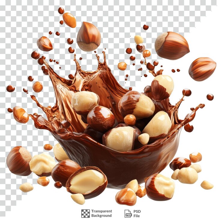 PSD hazelnuts splash with filbert nuts transparent background