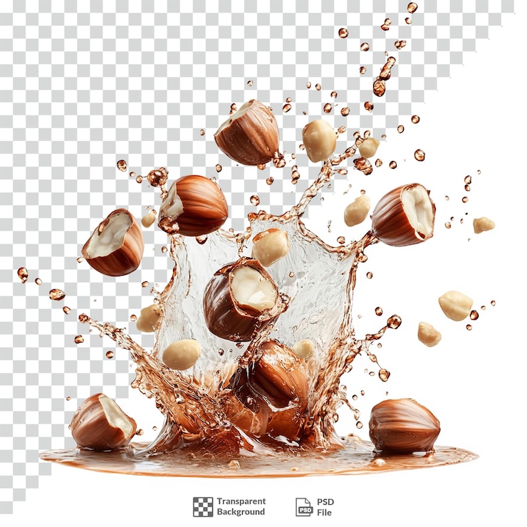 PSD hazelnuts splash with filbert nuts transparent background