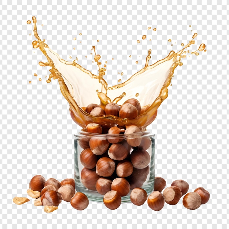 PSD hazelnuts splashing into glass delicious nutty drink isolated on transparent