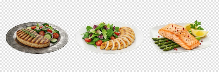 PSD healthy and delicious grilled meals salmon chicken and salad