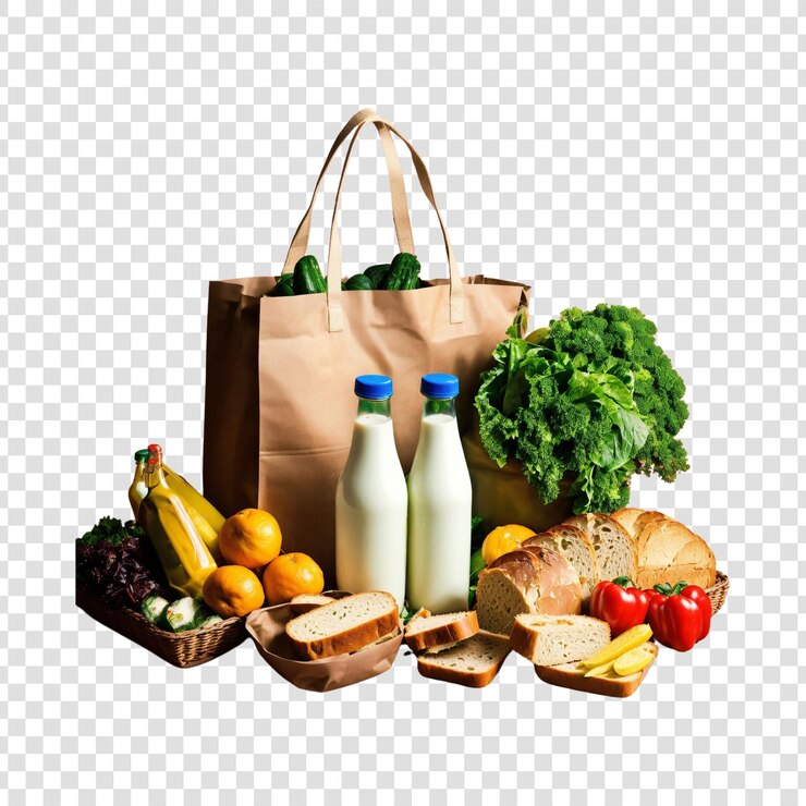 PSD healthy vegetable and fruits busket in transparent background