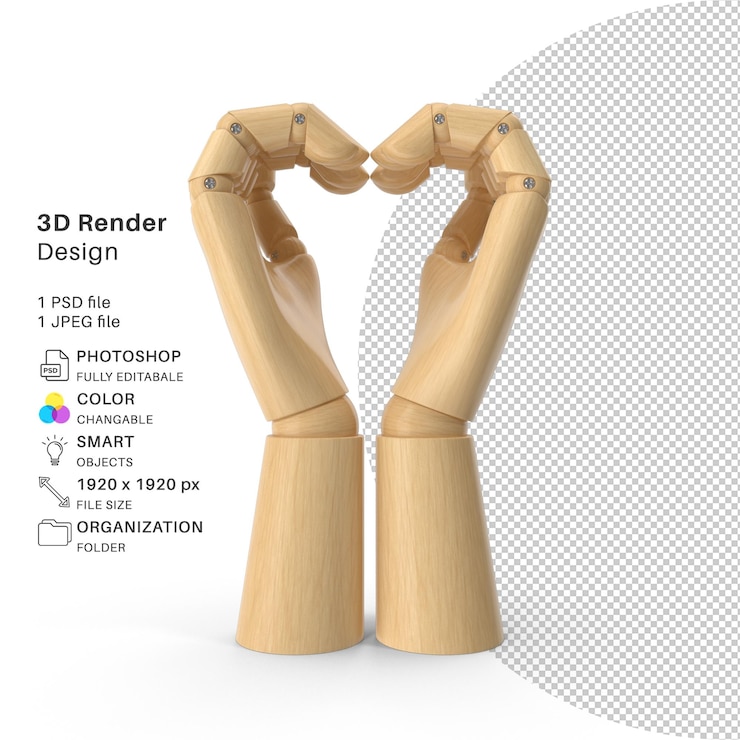 PSD heart wooden hand 3d modeling psd file realistic hand