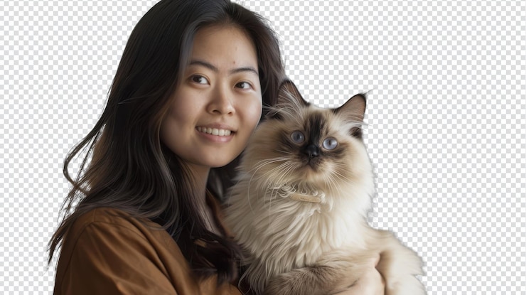 PSD heartwarming portrait of a young asian woman holding her adorable cat for petlovers and cat enthusiasts