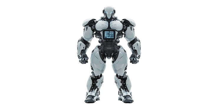 PSD heavy duty battle robot with black details isolated on transparent background