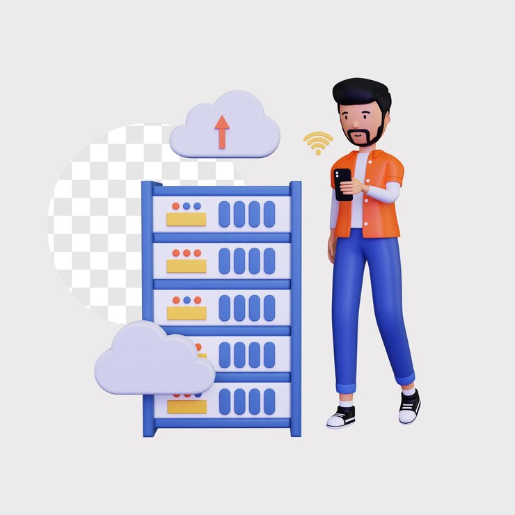 PSD hébergement cloud 3d avec un personnage masculin utilisant un smartphone