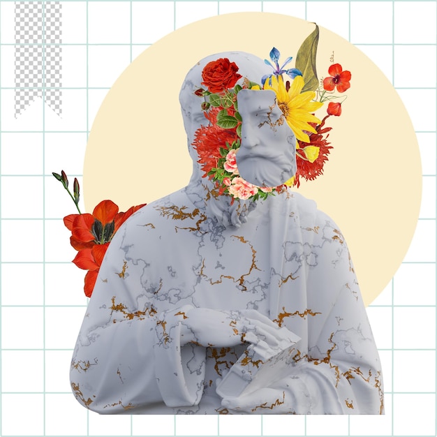 Heilige mit einem Buch Statuen 3D rendert Collage mit Blütenblättern Kompositionen für Ihre Arbeit