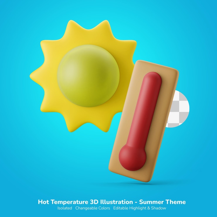 PSD heiße sommertemperatur mit sonne und thermometer 3d-darstellung 3d-symbol editierbare farbe